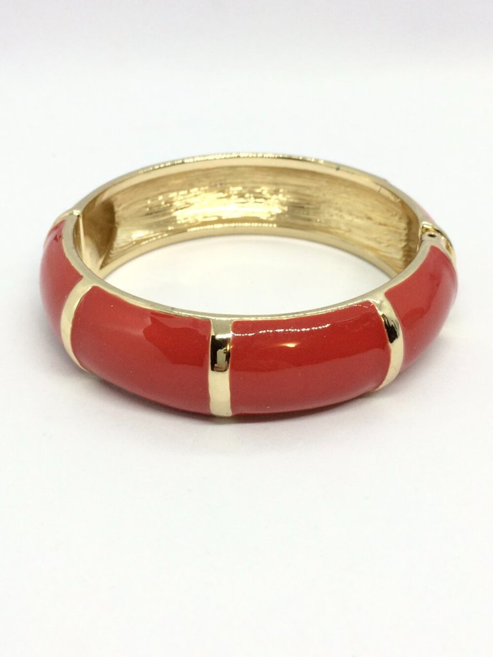VINTAGE BAMBOO BANGLE Red Enamel Gold Tone Hinged Statement